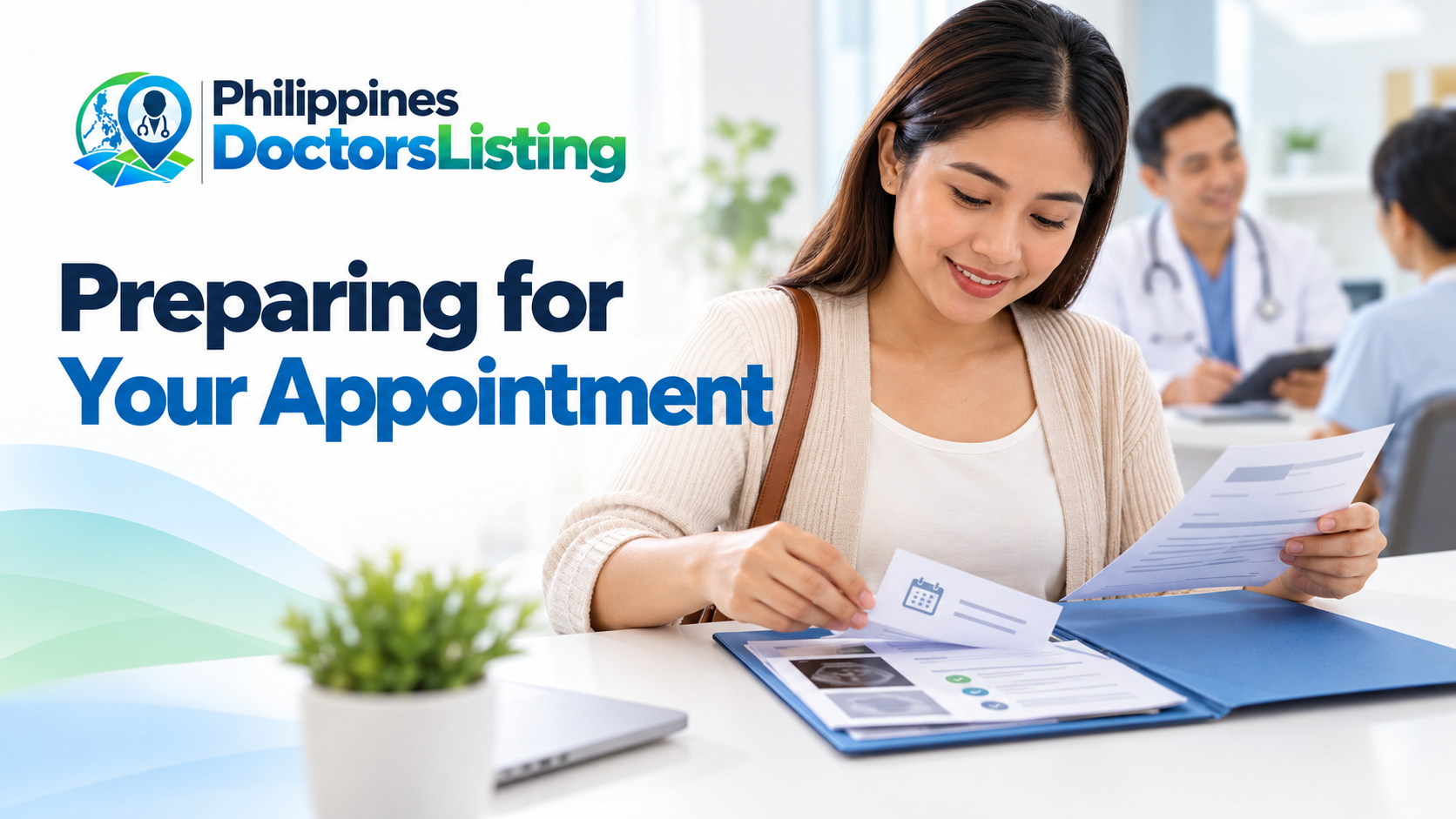PDL appointment-preparation guide with an illustrative patient organizing health documents