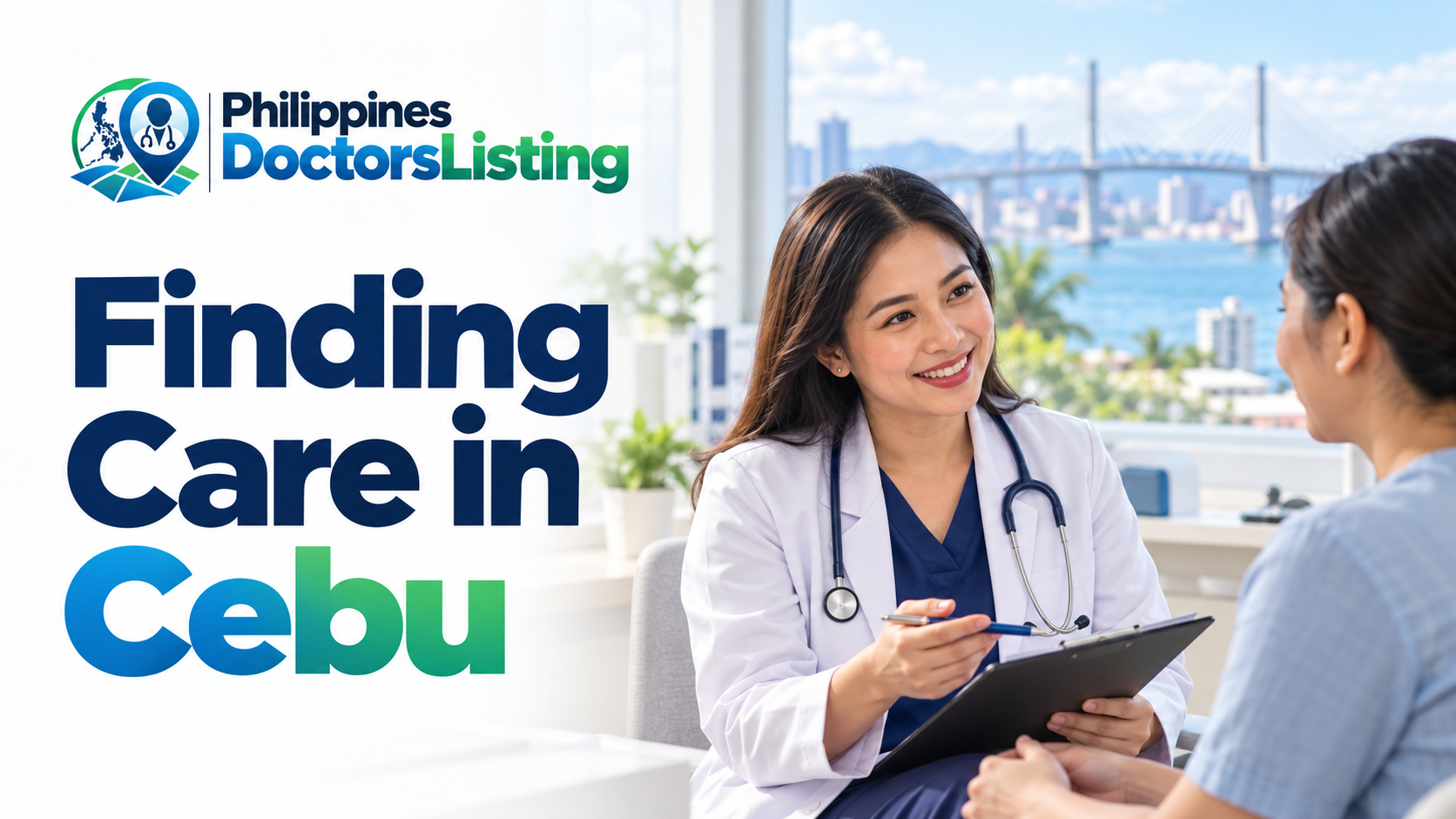 PDL Cebu healthcare guide with an illustrative consultation and waterfront bridge