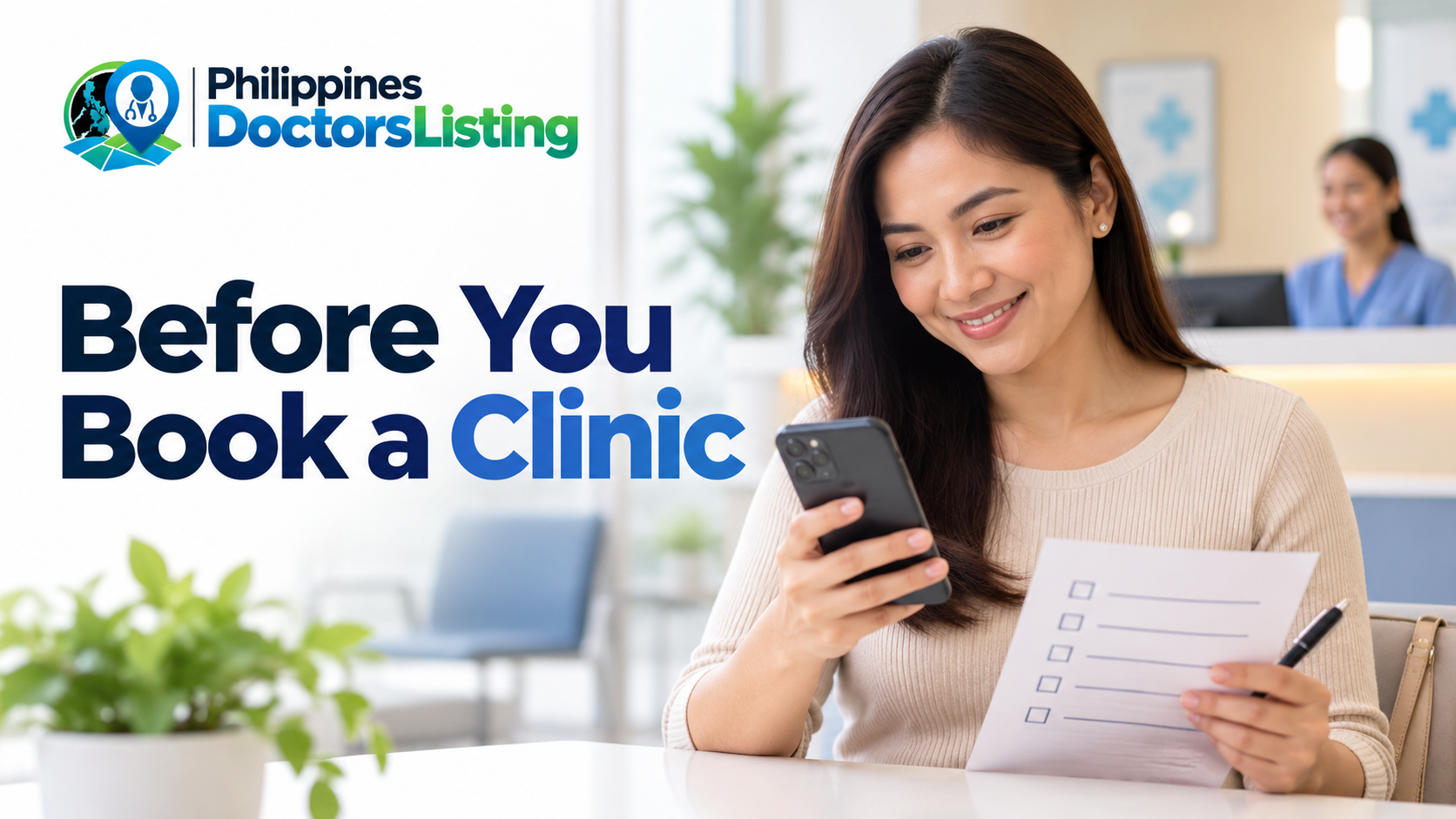 PDL clinic-booking guide with an illustrative patient checking appointment information