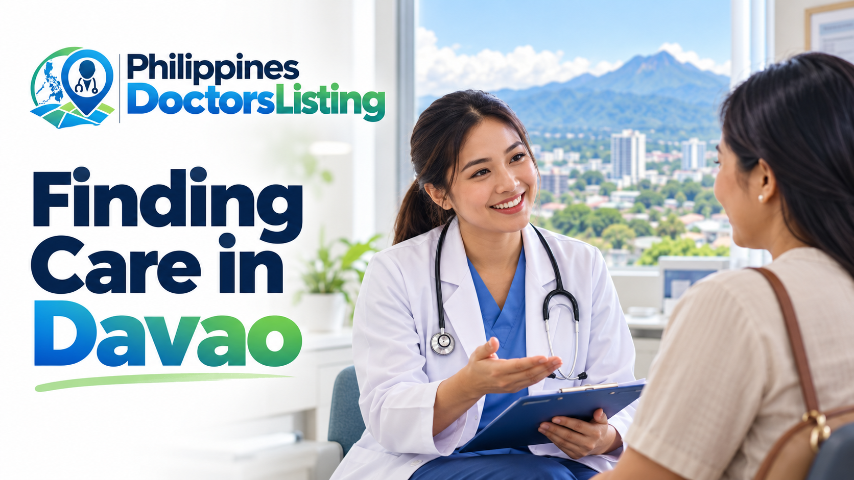 PDL Davao healthcare guide with an illustrative consultation and mountain backdrop
