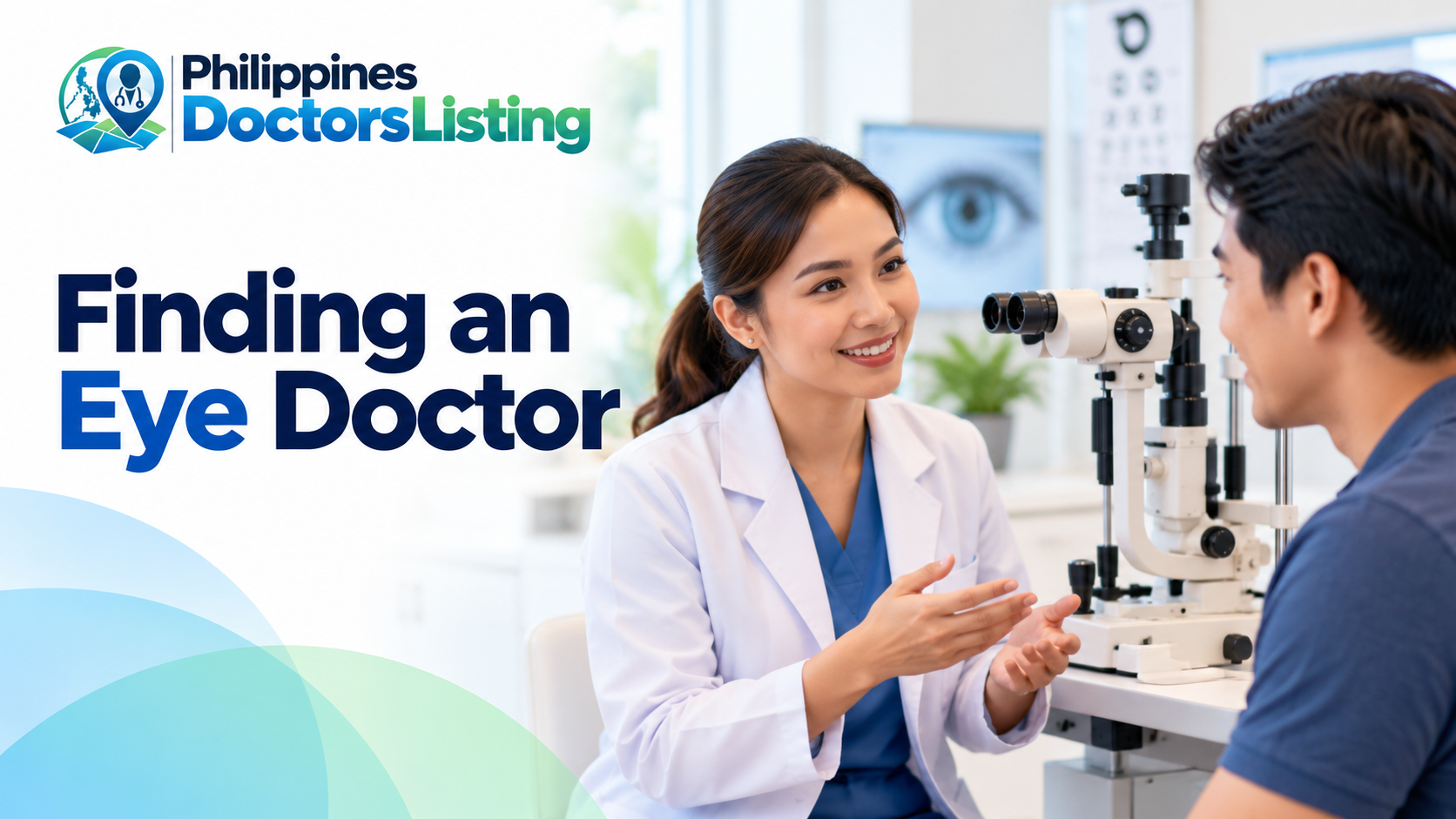 PDL eye-care guide with an illustrative ophthalmologist and patient beside a slit lamp
