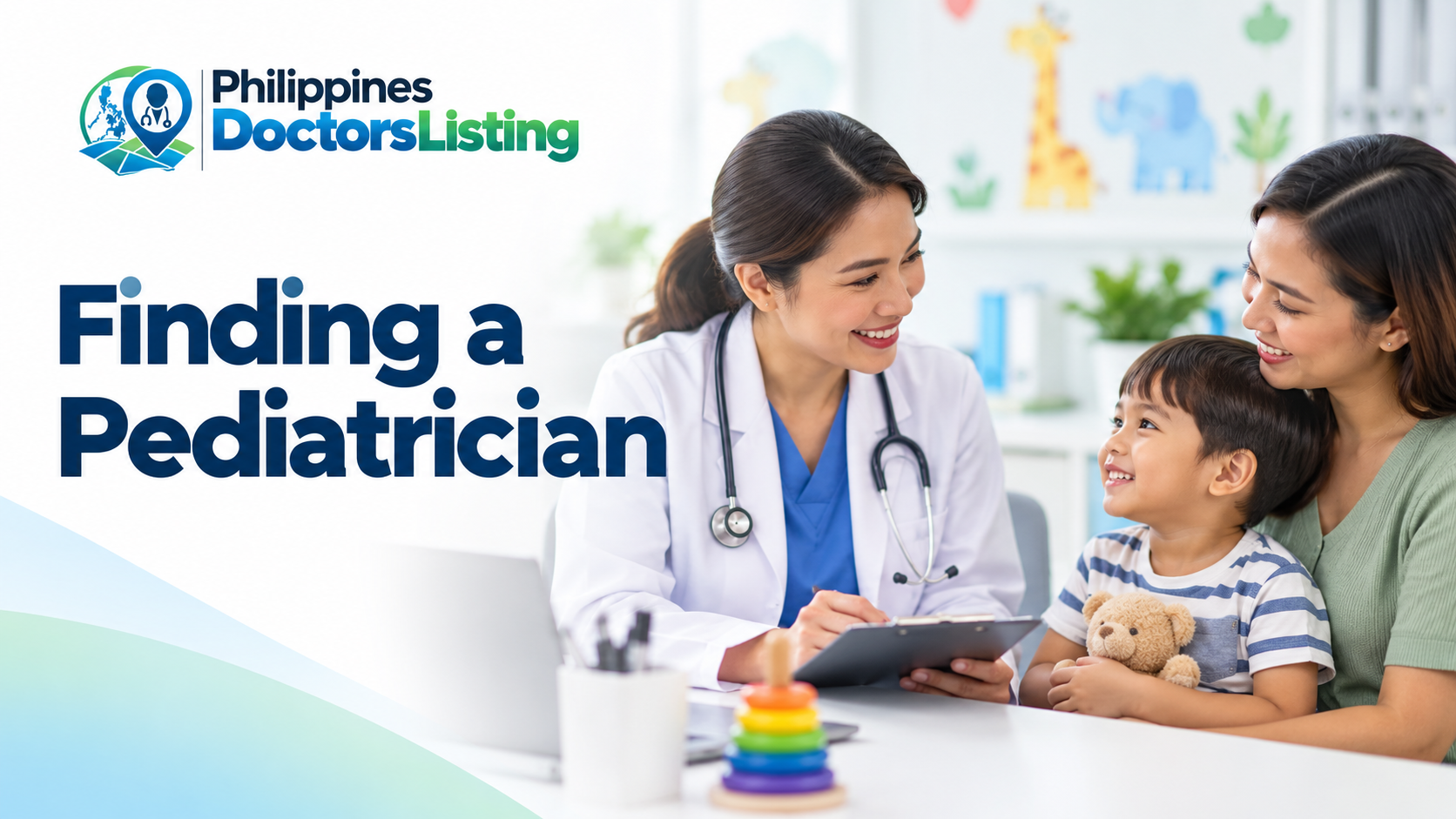 PDL pediatrician guide with an illustrative doctor, parent and child