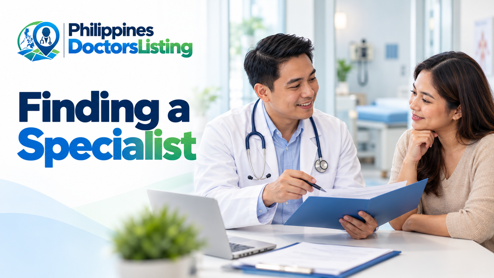 PDL specialist-search guide with an illustrative doctor and patient discussing a referral
